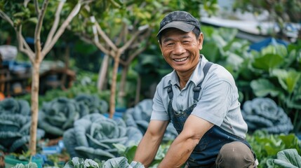 Portrait of happy sme owner asian man working in gardening cabbage farm, nursery worker planting in organic farm, startup small business owner, asian farmer job, fresh green vegan food banner concept