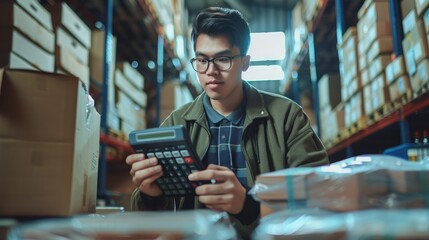 Young man entrepreneur small business SME freelance press the calculator to account for receive order client and check the bill on purchase order preparing package product parcel for shipment.