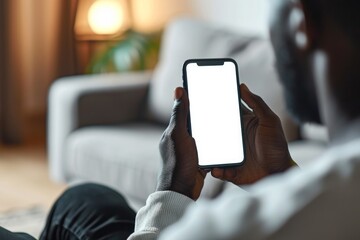 African american man holding smart phone with mockup white blank display, empty screen for app ads sitting on couch at home. Mobile applications technology concept, over shoulder close, Generative AI