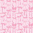 cute coquette ribbon bow pattern seamless doodle outline isolated on pink background..