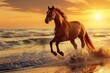 In a tranquil scene, a brown horse stands on the beach, gazing towards the ocean under the vibrant hues of a setting sun, embodying peace and harmony with nature
