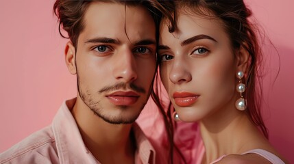 young couple isolated pink background