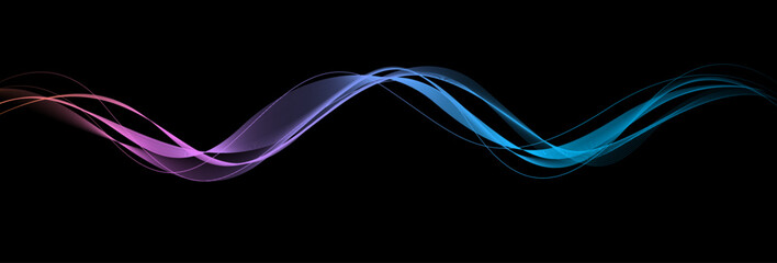 Wall Mural - Abstract blue pink wave lines flowing on black background. Dynamic gradient light wave design. Vector