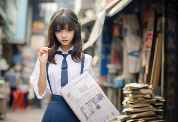 Confident student in uniform holding a newspaper, her poised stance contrasting with the bustling street behind.