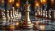 A golden king chess piece facing challengers symbolizing leadership and strategy. Concept Leadership, Strategy, Chess, Golden King Piece, Challengers