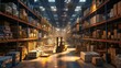 A large warehouse filled with neatly stacked cardboard boxes Workers are moving goods with forklifts There are various types of boxes on the shelves The bright lights create a lively atmosphere