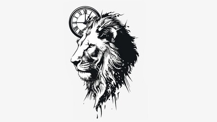 Wall Mural - simple vector logo, low detail, no shading, no shadows, lion face in profile, cyberank style clock in the background 