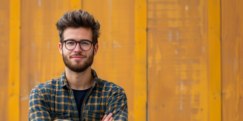 Wall Mural - Young Caucasian male in his 20s with stylish hair and glasses, arms crossed, stands before a vibrant yellow background