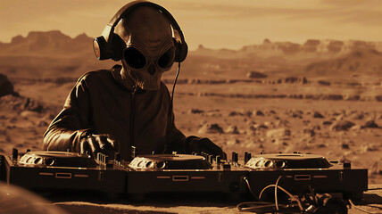 Wall Mural - an alien dj wearing headphones behind a dj rig on the surface of mars. generative ai