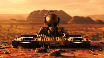 Wall Mural - an alien dj wearing headphones behind a dj rig on the surface of mars. generative ai