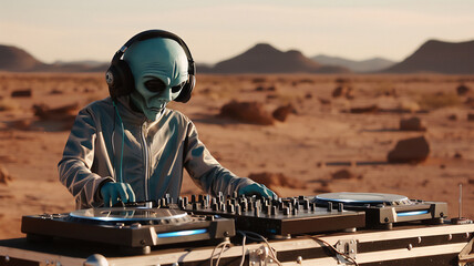 Wall Mural - an alien dj wearing headphones behind a dj rig on the surface of mars. generative ai