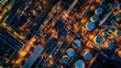 Aerial view of oil and gas industry - refinery and petrochemical plants at dusk.