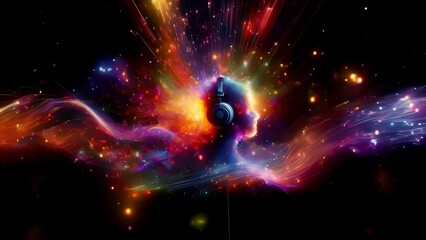 headphones in the heart of a stellar burst convey music's transformative energy. it's a visual symph