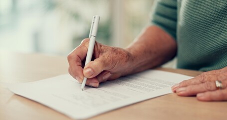 Poster - Hands, paper or person with contract to sign on application or documents for will, life insurance or divorce info. Writing, closeup or pen with signature for compliance, form or title deed agreement