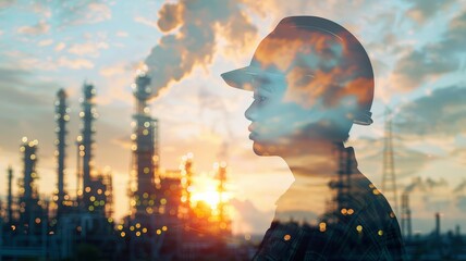 Engineer with safety helmet with oil refinery factory background.