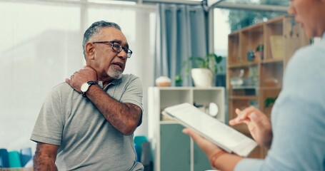 Poster - Tablet physiotherapy and senior patient for consultation with shoulder pain, injury and assessment in office. Doctor, physiotherapist and elderly man with muscle help, service and digital technology