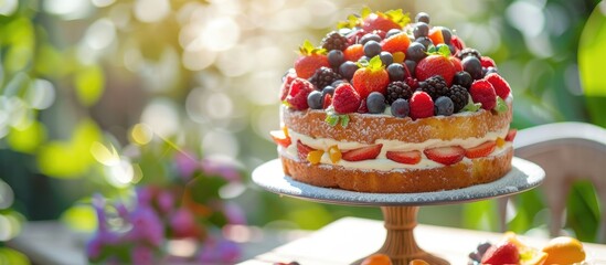 Poster - A delicious cake adorned with fresh fruits sits elegantly on a wooden table, ready to be enjoyed on a sunny, joyous occasion.