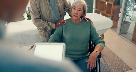 Sticker - Wheelchair, doctor and tablet for old woman in a physiotherapy consultation for advice. Support, couple talking or elderly patient with a disability, support and physiotherapist for results in clinic