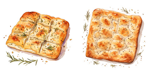 set of two focaccia bread clipart breakfast dish watercolor illustration on transparent background, tasty italian dish / snack