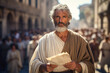 Paulus the apostle walking through Rome while holding the New testament of the bible