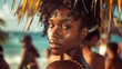 © Nataliya - Outdoor lifestyle portrait of black beautiful lady in bright outfit. Pretty hipster woman correct her curly hair. Sunny hot summer day at tropical beach with palms.
