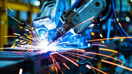 Wall Mural - A robot is welding a welding arm on a car production line.