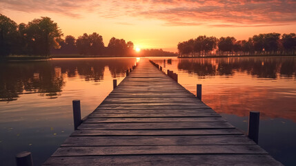 Wall Mural - A serene lakeside scene at dusk as smoke drifts over the calm waters