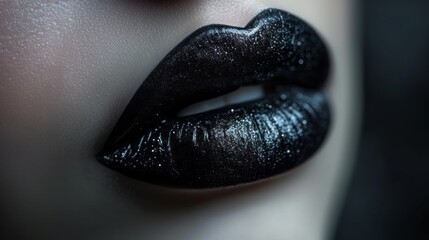 Wall Mural - Glamorous black glossy lips close-up. Half-open female model mouth expresses sensuality and sexuality. Desaturated colors. Beauty and fashion concept.
