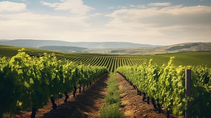 Vineyard view with clear blue sky. Wine tourism and rural landscape concept for poster and banner