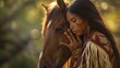 A heartfelt moment captured as a Native American woman embraces her horse, showcasing a deep connection and mutual respect,