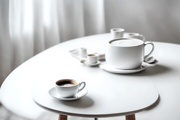 Wall Mural - cup of coffee on white round table in minimalism style