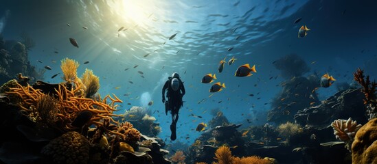 Wall Mural - scuba diver near a coral reef surrounded by a school of yellow butterfly fish