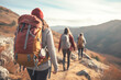 hipster with touristic rucksack walking on mountains path with friend in forward, spending weekend on fresh air for recreation in nature environment