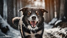 Portrait Of A Black Dog, Top Most Aggressive Dog Breeds. Aggressive Dog Snarling Fiercely, Sharp Teeth And Bristled Fur, Dark Alley , Tension And Danger In The Air.