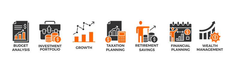 Financial strategy banner web icon vector illustration concept with icon of budget analysis, investment portfolio, growth, taxation planning,retirement savings, financial planning, wealth management