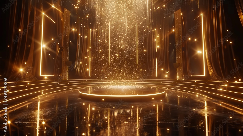 Stage opening golden stage glitter with spotlights and luxury gold ...
