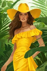 Poster - Yellow dressed woman in jungle, yellow hat, generated with AI