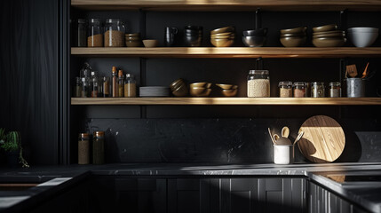 Wall Mural - Wooden black scandinavian kitchen storage organization. Perfect open shelves in dark modern kitchen. Generative AI