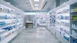 Pharmacy, shelf and boxes for wellness, empty or pharmaceutical stock for product, health and interior. Shop, store and retail healthcare with storage, choice or sale for pharma, discount and drugs