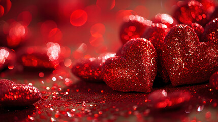 Close up of red glitter hearts on sparkling background. Copy space. Valentines Day. Romantic Concept. Generative AI