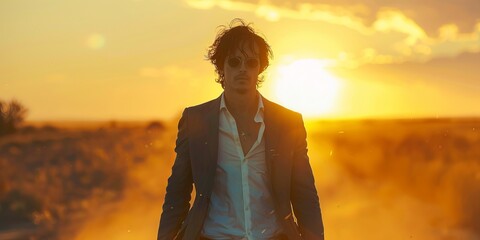 Wall Mural - Young man in a suit on the background of the setting sun.