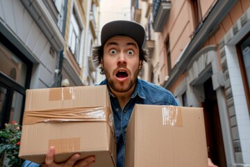 Wall Mural - A man is holding two cardboard boxes and is looking surprised