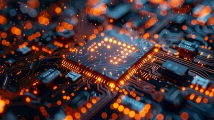 Wall Mural - Macro view of an electronic circuit board with glowing orange nodes, symbolizing high-tech and computing power.