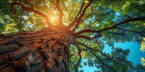 Wall Mural - Old big tree in the green forest with sun light and lens flare