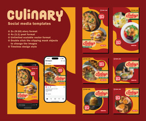 food and baverages or culinary social media post and story templates set vector