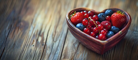 Canvas Print - A heart-shaped ceramic bowl is filled with assorted forest fruits such as raspberries, blueberries, red currants, and strawberries. The bowl is placed on a rustic wooden table in a studio setting.