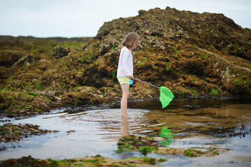 Wall Mural - Adorable preschooler girl playing with scoop net on the beach at Atlantic coast of Brittany, France