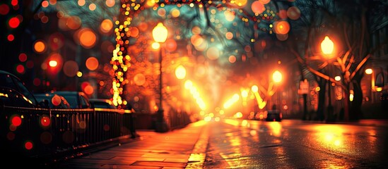 Canvas Print - A city street at night filled with a multitude of glowing lights, creating a dazzling display of brightness and color. The street is bustling with activity as people and vehicles move under the