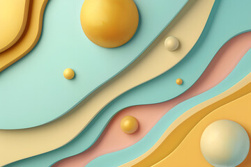 Wall Mural - abstract 3d wavy background with spheres in pastel colors, 3d layers of paper in pastel colors