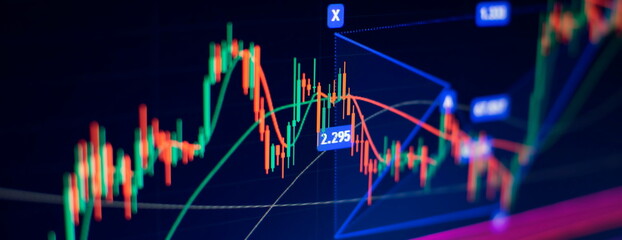 Wall Mural - Investment, trade, stock, finance and analysis concept. Business graph charts of financial board display candlestick double exposure